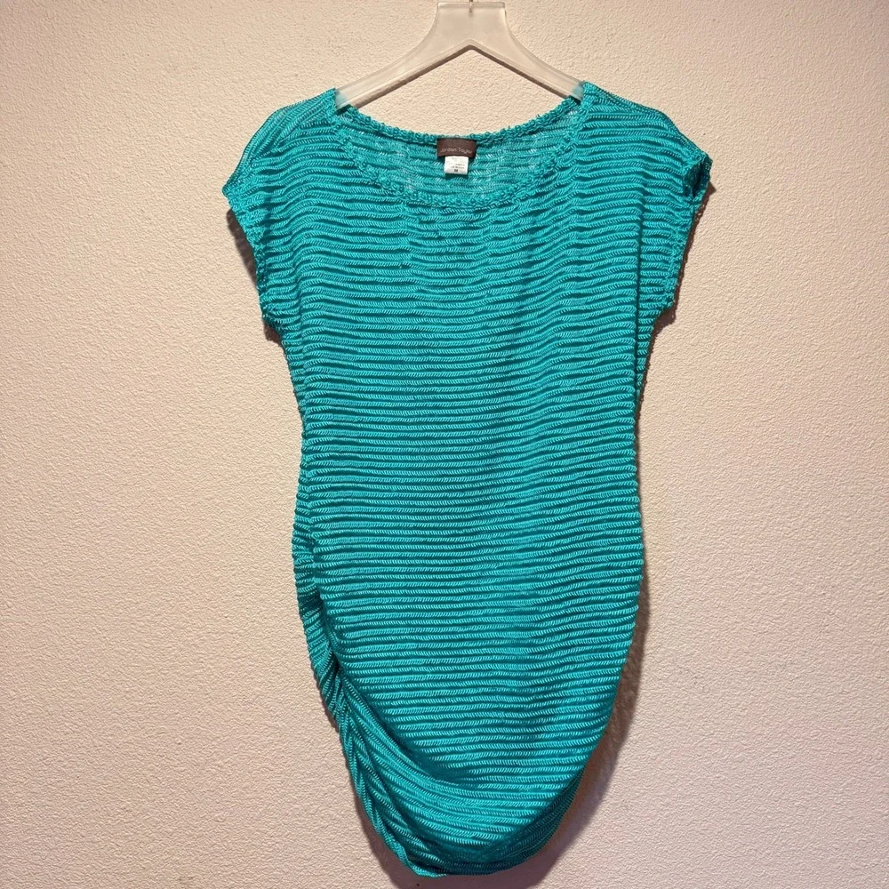 Jordan Taylor Womens Turquoise Blue Mesh Textured Ruched Swim Cover Up Dress‎